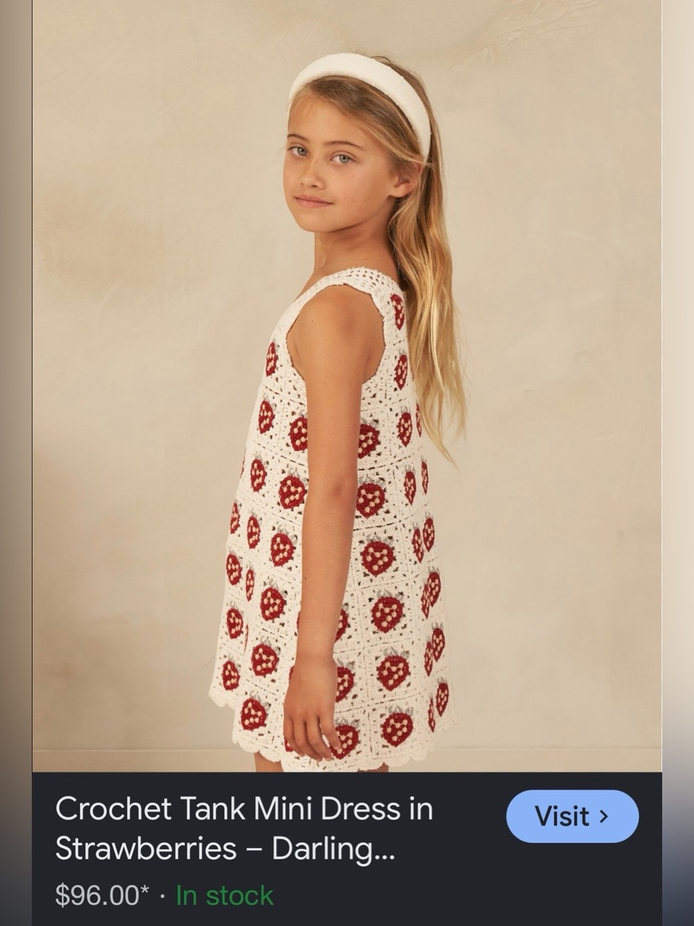 Crochet Tank Mini Dress in White with Red Strawberry Motif